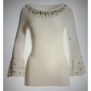 NWOT Boston Proper Cream Jewel Embellished Boat Neck Flare Sleeve Sweater-XS